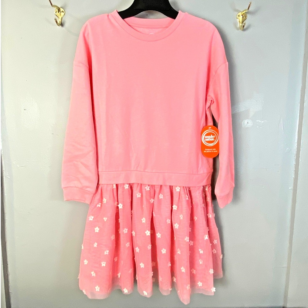Wonder Nation Girls Sweatshirt Dress Pink Floral Mesh Skirt Long Sleeve Sz 7 NWT